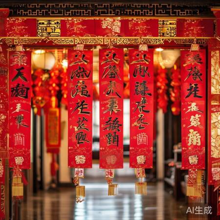 春联寓意吉祥,颜色喜庆。